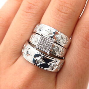 925 Sterling Real Diamond Trio Set Wedding and Engagement Rings Size 6 3/4 / 10