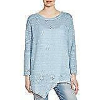 NALLY & MILLIE $98 蓝色开口针针织衫 鲨鱼咬不对称下摆 尺寸 S 全新带标签 — 第 1/2 张图片