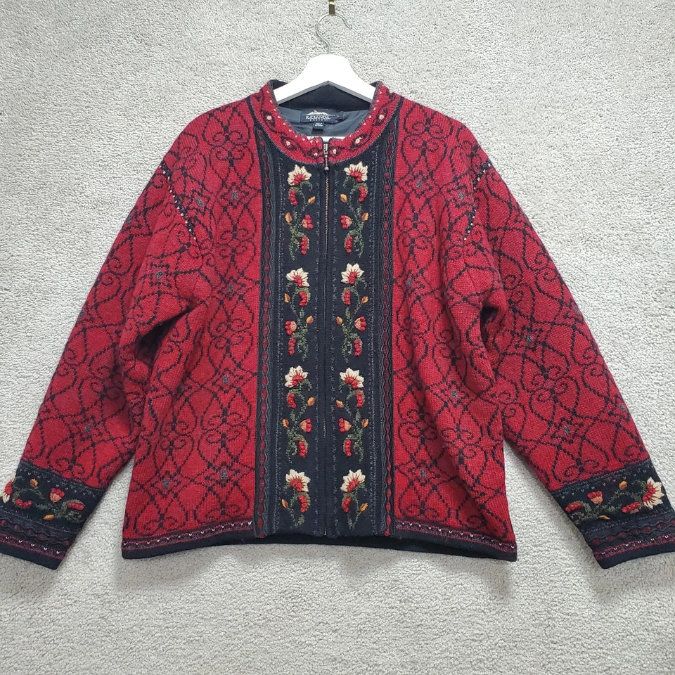 Icelandic Design Cardigan Sweater Wool Women L Red Embroidered Zip Flower Folk - Image 1 of 4