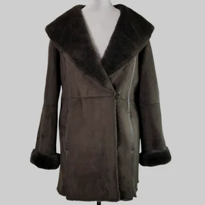Talbots Suede Faux Fur Lined Leather Strips Mock Neck Peacoat Size M Brown - Picture 1 of 12