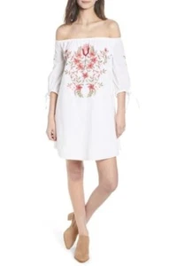 Women Hinge Cotton Floral Embroidered Off the Shoulder Dress White MSRP $89 Sz M - Picture 1 of 8