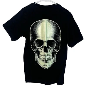 Black Skull T-Shirt Tee Top Halloween Spooky Kids Boys Goth Punk Emo Metal XS - Picture 1 of 3