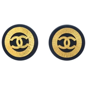 Chanel Gold Black Button Earrings Clip-On 28/29 195155 - Picture 1 of 5
