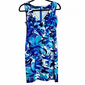 Anne Klein Women's Cotton Blend V-Neck Blue Floral Sleeveless Sheath Dress Sz 2 - Picture 1 of 5