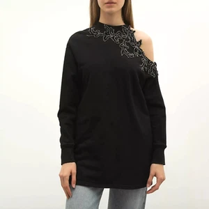 CHRISTOPHER KANE Sweatshirt Dress Cold Shoulder Rhinestones Embellished Black - Picture 1 of 24