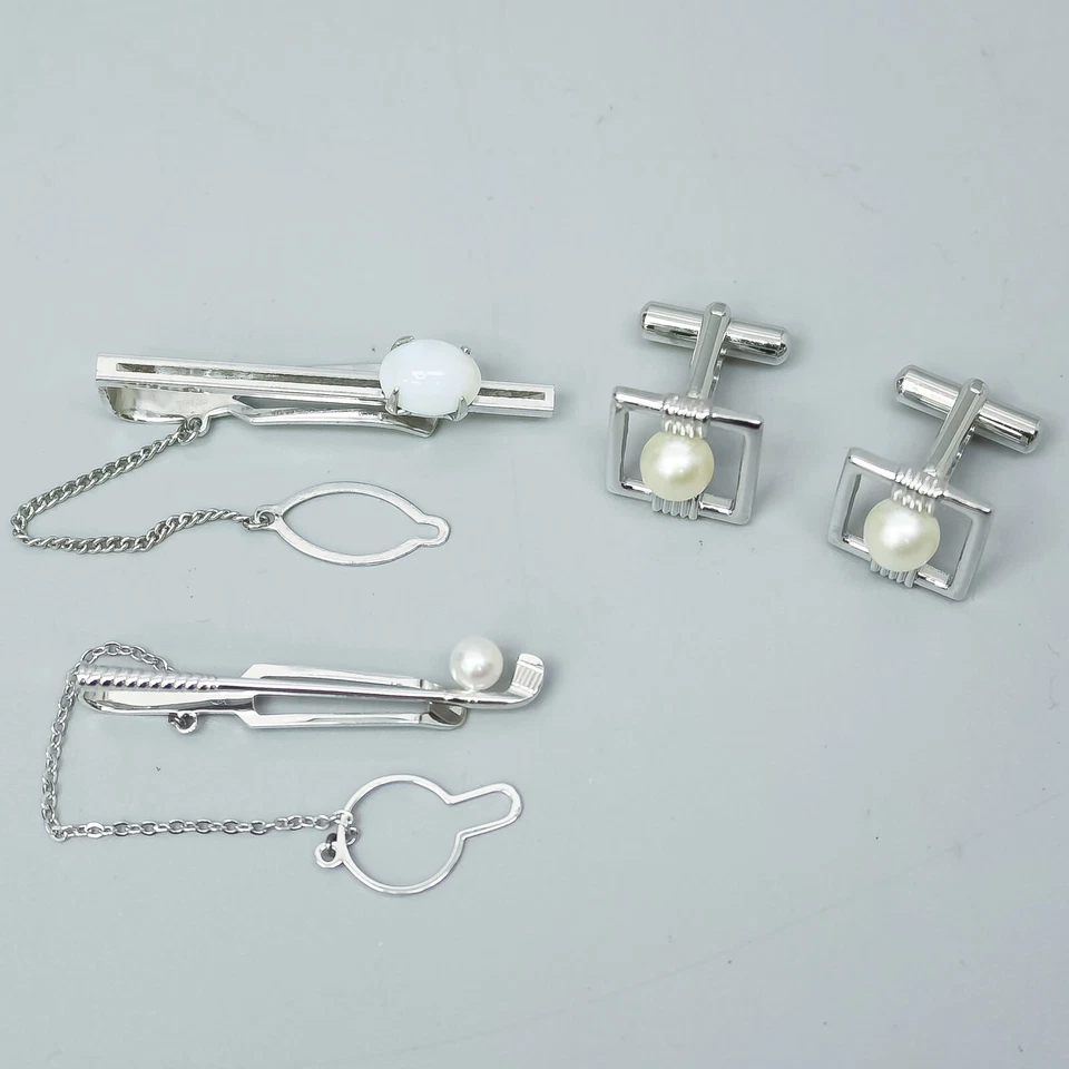 MIKIMOTO Barra de Corbata de Perlas y GRANDE.A Juego de Barra de Clip de Corbata de Gemelos Plata de Ley Foto 1 de 4