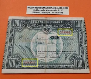 @@BILLETE CAPICUA@@ Numismatica Bilbao 100 PESETAS 1937 BILLETE EUSKADI Pick 565 - Imagen 1 de 3