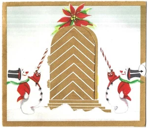 Tarjeta de felicitación mecánica navideña vintage puerta muñeco de nieve Alemania años 40 - Imagen 1 de 4