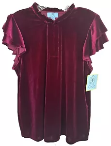 CECE Women's Short Ruffle Sleeve Velour Blouse Top Pleated Crew Neck Size L Wine - Picture 1 of 9