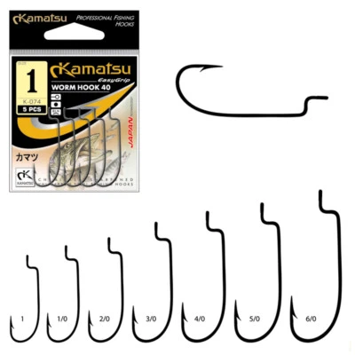 5 X KAMATSU (K-074) WORM HOOK 40, OFFSET WORM DROP SHOT HAKEN, CARBON JIGHAKEN