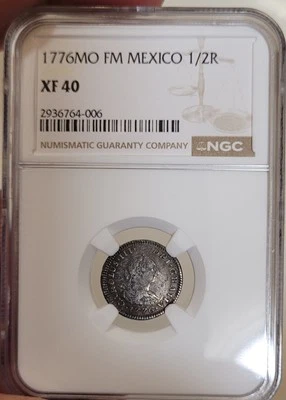 Rare 1776 NGC XF40 Mexico 1/2 Real Charles III Colonial Spain Silver Coin  - Image 1 of 3