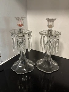 Antique Crystal Candlesticks Pair with Bobeche to Catch Wax Drippings and Prisms - Picture 1 of 5