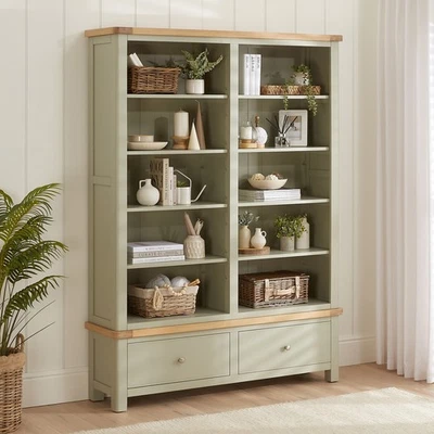 Marbury Sage Green Painted Extra Large Grand Double Library Bookcase - Oak Top - Image 1 of 4