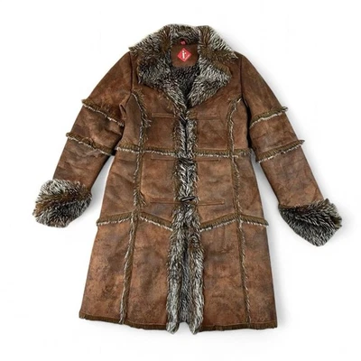 Y2k vintage brown faux fur penny lane style afghan trench coat with faux suede - Image 1 of 4