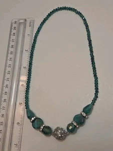 Vintage necklace glass teal beads with rhinestones magnetic clasp 17" length by - Picture 1 of 4
