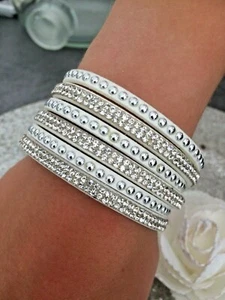 idée cado BRACELET MANCHETTE FEMME BLANC argenté PERLE STRASS FERMETURE aimanté - Picture 1 of 2