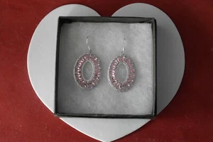 925 SILVER EARRINGS WITH PINK MORGANITE & CZ. 10.7 GR 3.8 CM LONG + HOOKS IN BOX - Picture 1 of 9