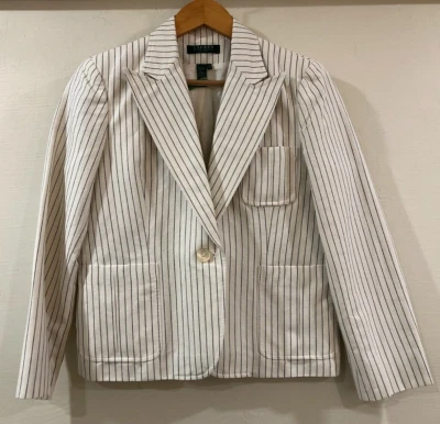 Lauren Ralph Lauren 开衫夹克,尺寸娇小 12 象牙色细条纹亚麻衬里旗帜 — 第 1/4 张图片