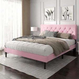 King Size Platform Bed Frame with Upholstered Button Tufted Headboard, Mattress - Picture 1 of 6