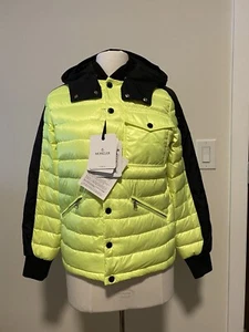 NWTS MONCLER BOUZEY Jr Youth Boys Neon Yellow Down Button Jacket Hooded Size 14 - Picture 1 of 12