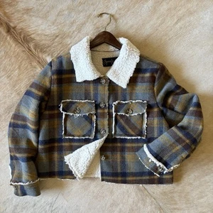 Y2K Spoon Jeans Jacket Medium Plaid Cropped Sherpa Lined Boho - Picture 1 of 17