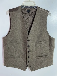 J Crew Mens Vest XL Moon Wool Brown Waistcoat Herringbone Classic Preppy Office - Picture 1 of 9