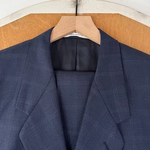 Karl Lagerfield Suit Mens 40R Navy Blue Windowpane 3 Button Wool Canvas 34x30 - Picture 1 of 22
