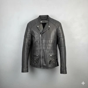 Asos Leather Jacket Mens Large L Black Biker Bomber Zip Buckle Snap Button - Picture 1 of 10