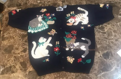 🧶 Cárdigan tejido bordado vintage Northern Isles Cat Garden XL 🐱🌸 Foto 1 de 4