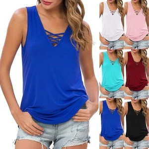 Women's Summer Casual Sleeveless Tunic V Neck Criss Cross Tank Tops Basic Blouse - Picture 1 of 32