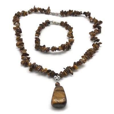 Juego de collar y pulsera pepita astillada con cuentas piedras preciosas ojo de tigre genuino Foto 1 de 4