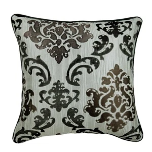 Grey & Silver Throw Pillow Cover, 16"x16" Silk Cushion-Dressed Up Damask - Picture 1 of 3