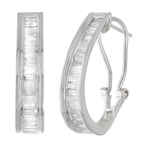 14k White Gold 1ctw Diamond Baguette Oblong Hoop Earrings - Picture 1 of 3