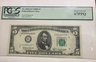 $5 1950D Federal Reserve (STAR NOTE)CHICAGO Fr#1965-G PCGS 67 PPQ Superb Gem New - Image 1 of 4