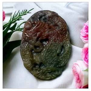 Ciondolo drago intagliato giada nefrite naturale multicolore 22g vintage - Foto 1 di 5