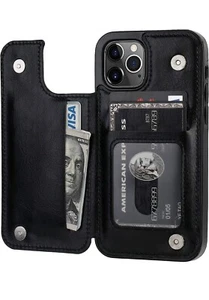 ONETOP iPhone 12 Pro Wallet Case Card Holder PU Leather Durable Shockproof Blk - Zdjęcie 1 z 10