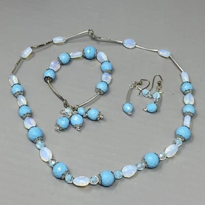 Glass Beaded Jewelry Set Necklace Bracelet Earrings Blue Opalescent Givre - Picture 1 of 17