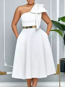 Wedding Women's Dresses Slanted Shoulder Bow Tie Banquet A-line Skirt Plus Size - Picture 1 of 10