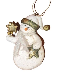 Vtg Snowman Ornament Christmas Rubber 4" Gold Leaf Accent Tinsel Scarf 3-D Face - Picture 1 of 3