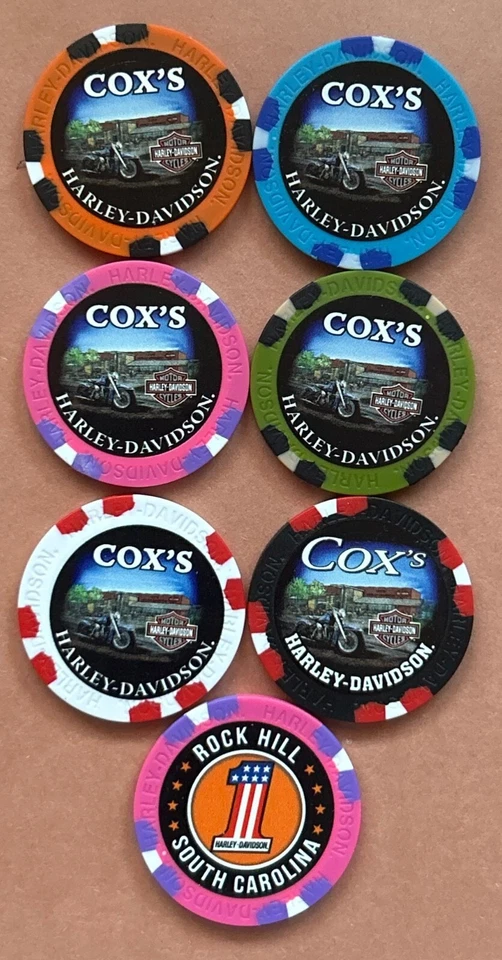 Harley Davidson Wide Print Poker Chip Cox's HD Rock Hill, SC (Elige 1) CERRADO Foto 1 de 1