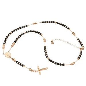 Catholic Rosary Gold Plated 5mm Black Bead Guadalupe Jesus Cross Necklace HR 300 - Picture 1 of 6