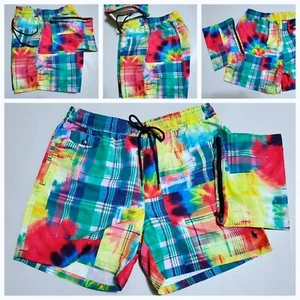 $198 POLO RALPH LAUREN MENS TIE-DYE PATCHWORK SWIM TRUNK w/ STORAGE POUCH: NWOT - Picture 1 of 7