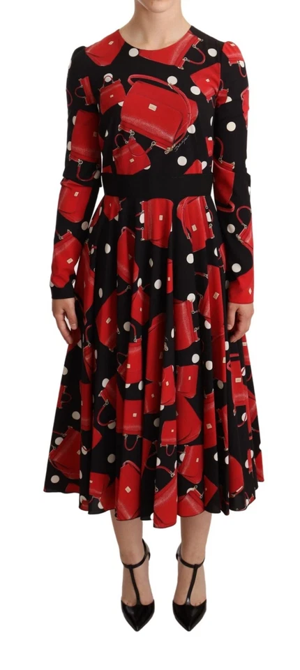 Dolce&Gabbana Women Red Black Dress Silk Bag Print A-Line Casual Midi Gown IT 38