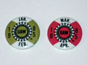 Pair of Vintage 1985 UNITED AUTO WORKERS Trade Union Button Pins! UAW Pinbacks! - Picture 1 of 4