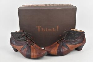 Think! Brown, Purple and Black Leather Cuban Heel Lace Up Oxford Boot EU39 UK6