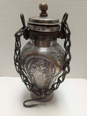 Cantina de água de camelo de cobre banhada a prata forjada à mão Qajar do século XIX RARA - Imagem 1 de 4