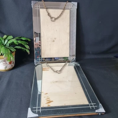 Pair Of Mirrored Art Deco Antique Vintage Picture Frames Chain Hung 14in X 10in - Image 1 of 4