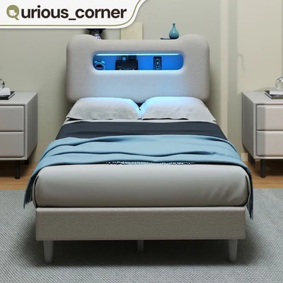 LED Twin Size Bed Frame Soft Upholstered Headboard Storage w/ Charging Outlets - Image 1 of 4