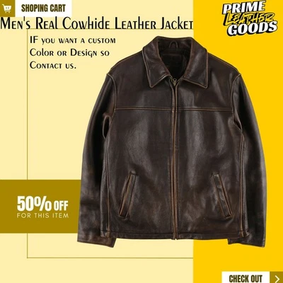 Mens Real Cowhide Leather Jacket Brown Distressed Leather Heavyweight Jacket - Image 1 of 4