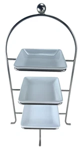 Pampered Chef Simple Additions 3-Tiered Stand #1953 & 3 White Square Plates 7.25 - Picture 1 of 19